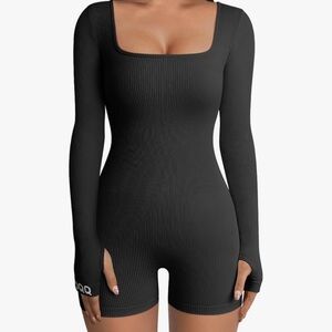 OQQ Ribbed Long Sleeve Square Neck Sport Jumpsuit/Romper